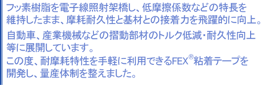 フッ素樹脂を電子線照射架橋し、低摩擦係数等の特長を維持したまま、摩耗耐久性と基材との接着力を飛躍的に向上。自動車、産業機械の摺動部材のトルク低減・耐久性向上等に展開しています。
